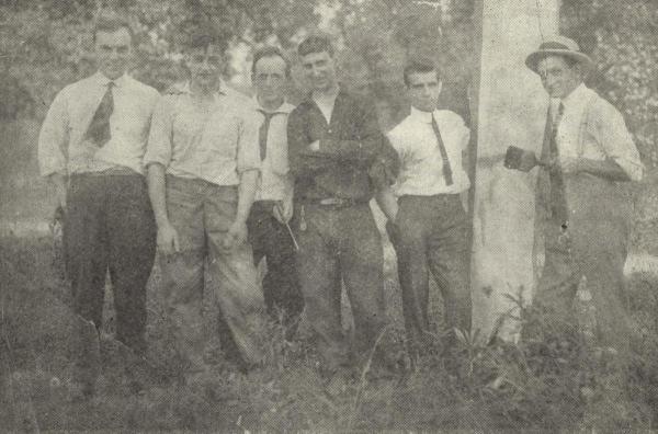 Members of the No. 3 Fire Company get ready to build their fire hall, 1916 Shown left to right are Walt Jones, Tom Buckley, Harry Conway, C.J. Muzzio, Fred Hening, Jim Wallace