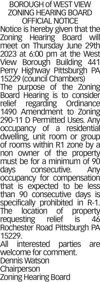 Zoning Hearing Board Meeting Notice